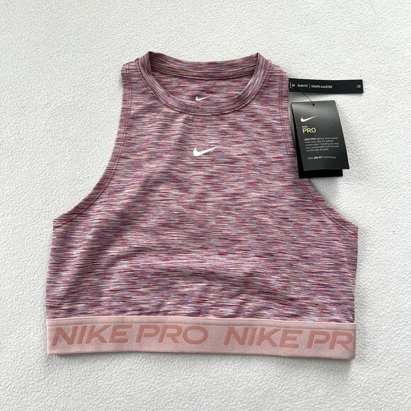 NWT Nike Pro Women Pink Space Dye Cropped Tank Dri-Fit Racerback Top DA0999 S - Picture 1 of 10